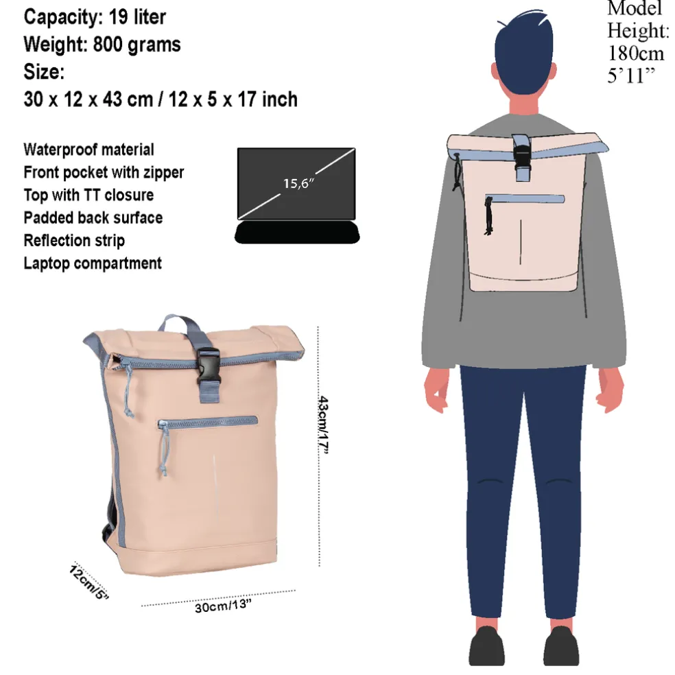 New Rebels ® Tim - Rolltop - Rugtas - Rugzak - Waterafstotend - Zacht Roze/Lila
