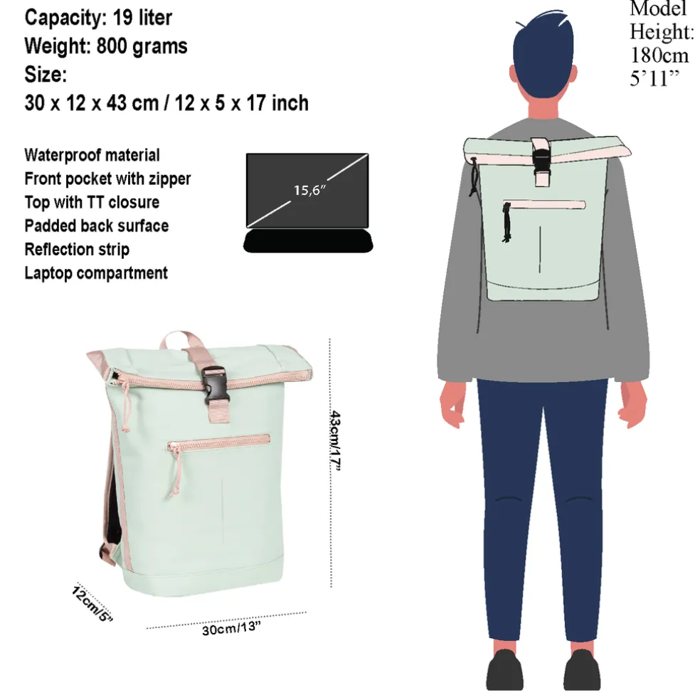 New Rebels ® Tim - Rolltop - Rugtas - Rugzak - Waterafstotend - Mint/Zacht Roze