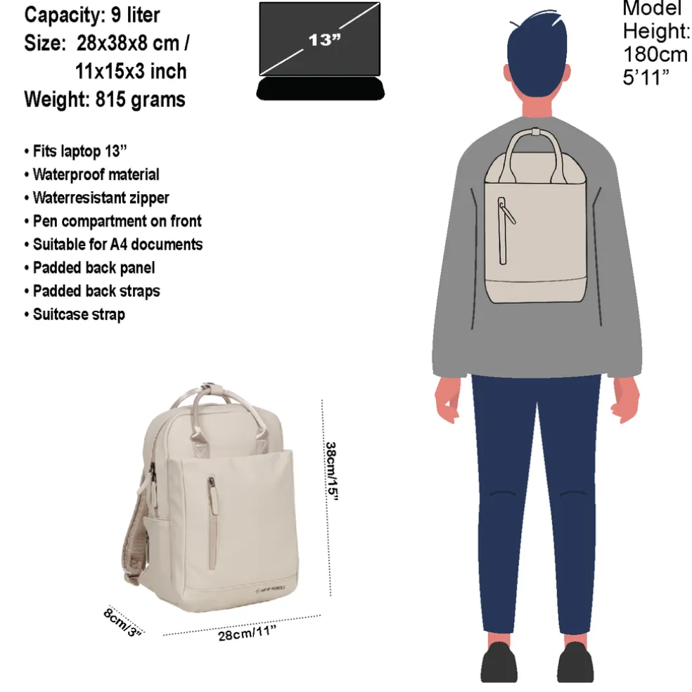 New Rebels Harper Miami Rugzak 9L Waterafstotende Laptop Rugtas 13 inch Schooltas en Werktas van PU Comfortabel Beige
