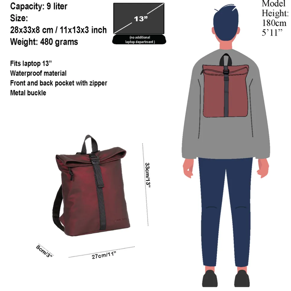 New Rebels Mart Los Angeles Metallic Burgundy 7L Rolltop Rugzak Waterafstotend
