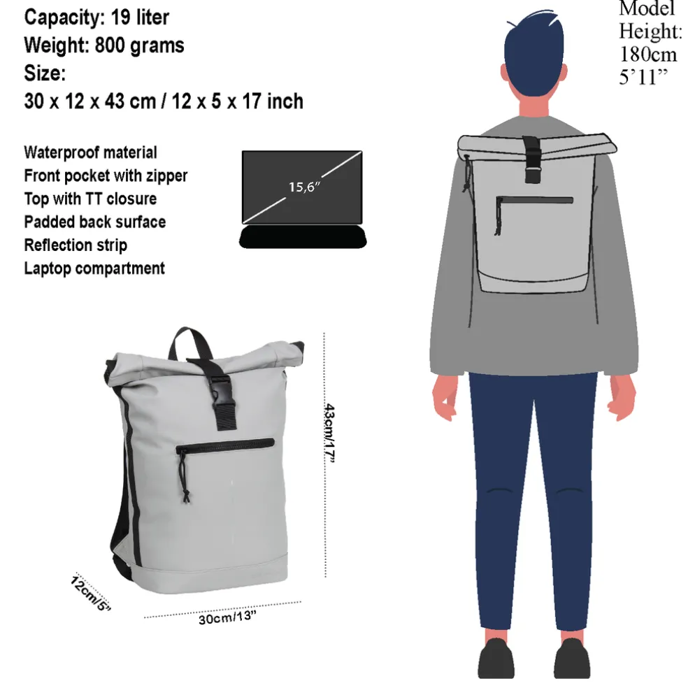 New Rebels Mart New York Lichtgrijs 21L Rugtas Rolltop Waterafstotend Laptop 15.6"