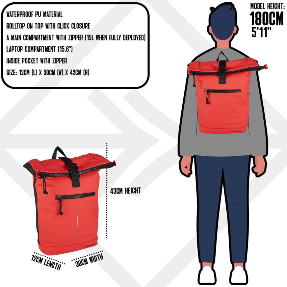 New Rebels Mart New York Rood 21L Rugtas Rolltop Waterafstotend Laptop 15.6"