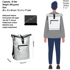 New Rebels Mart New York Metallic Zilver 21L Rugtas Rolltop Waterafstotend Laptop 15.6