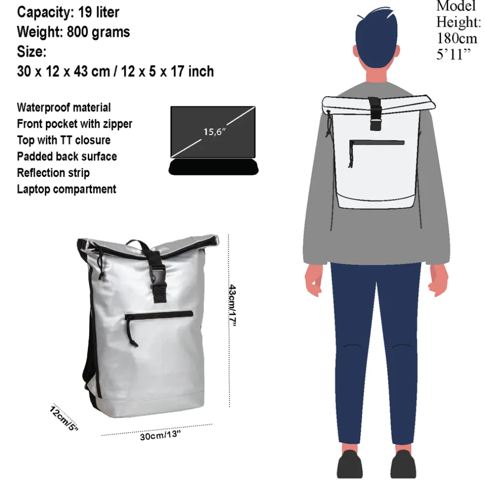 New Rebels Mart New York Metallic Zilver 21L Rugtas Rolltop Waterafstotend Laptop 15.6"
