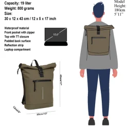 New Rebels Mart New York Olijf Groen 21L Rugtas Rolltop Waterafstotend Laptop 15.6