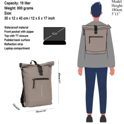 New Rebels Mart New York Taupe 21L Rugtas Rolltop Waterafstotend Laptop 15.6