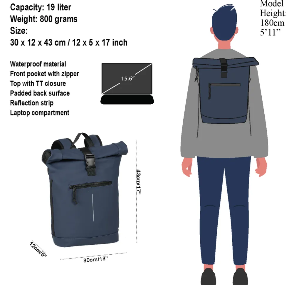 New Rebels Mart New York Navy 21L Rugtas Rolltop Waterafstotend Laptop 15.6"