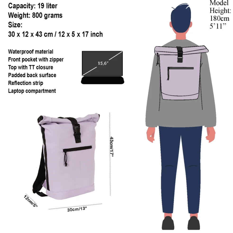 New Rebels Mart New York Lila 21L Rugtas Rolltop Waterafstotend Laptop 15.6"