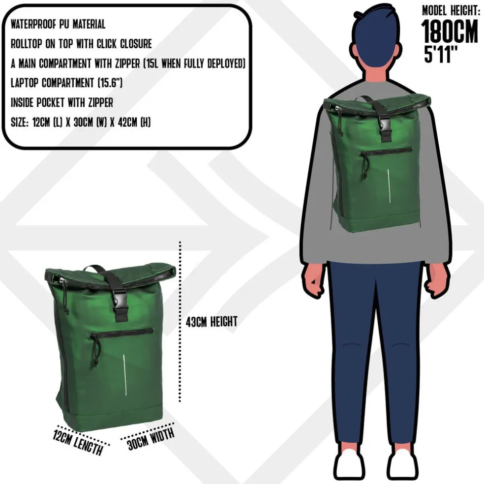 New Rebels Mart New York Metallic Groen 21L Rugtas Rolltop Waterafstotend Laptop 15.6"