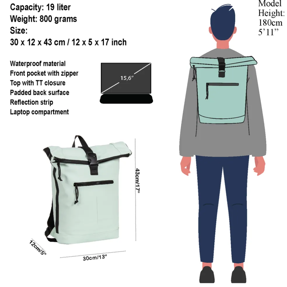 New Rebels Mart New York Mint 21L Rugtas Rolltop Waterafstotend Laptop 15.6"