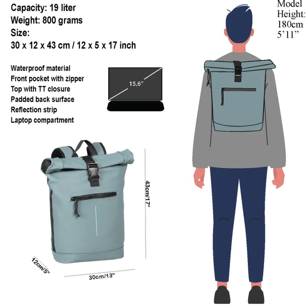 New Rebels Mart New York Zacht Blauw 21L Rugtas Rolltop Waterafstotend Laptop 15.6"