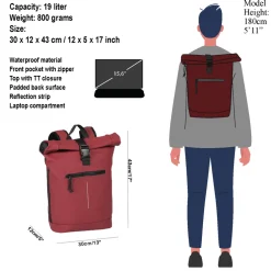 New Rebels Mart New York Burgundy 21L Rugtas Rolltop Waterafstotend Laptop 15.6