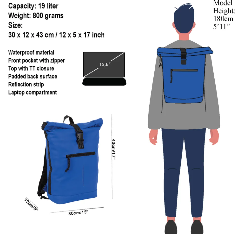 New Rebels Mart New York Kobaltblauw 21L Rugtas Rolltop Waterafstotend Laptop 15.6"