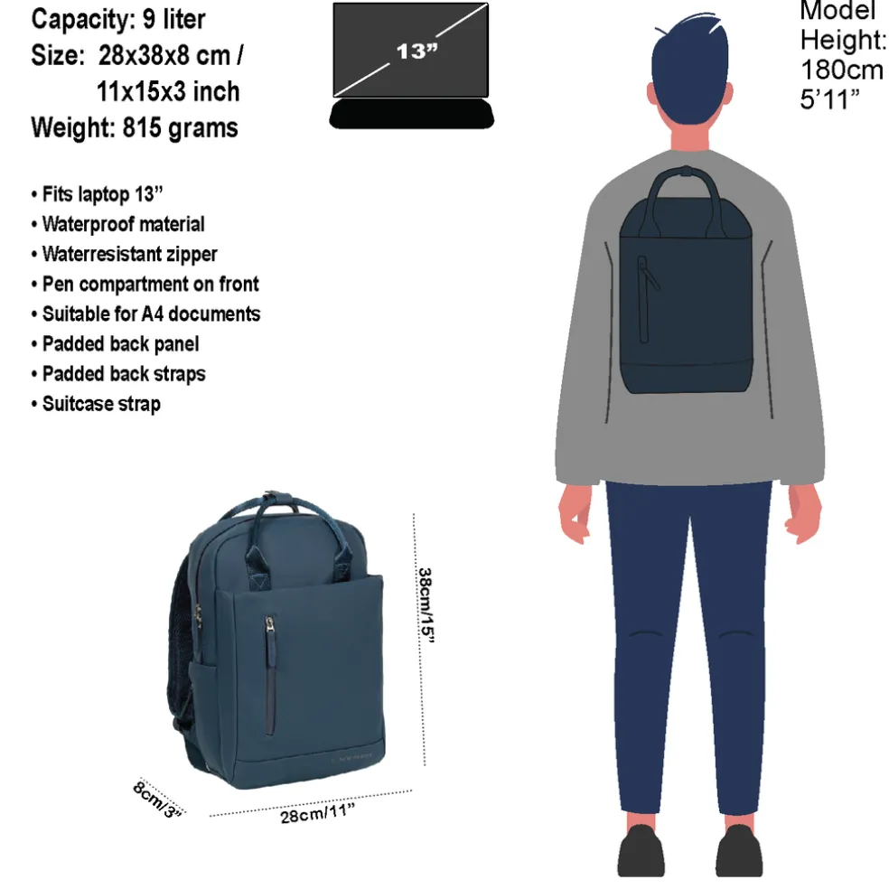 New Rebels Miami Rugzak 9L Waterafstotende Laptop Rugtas 13 inch Schooltas en Werktas van PU Comfortabel Navy