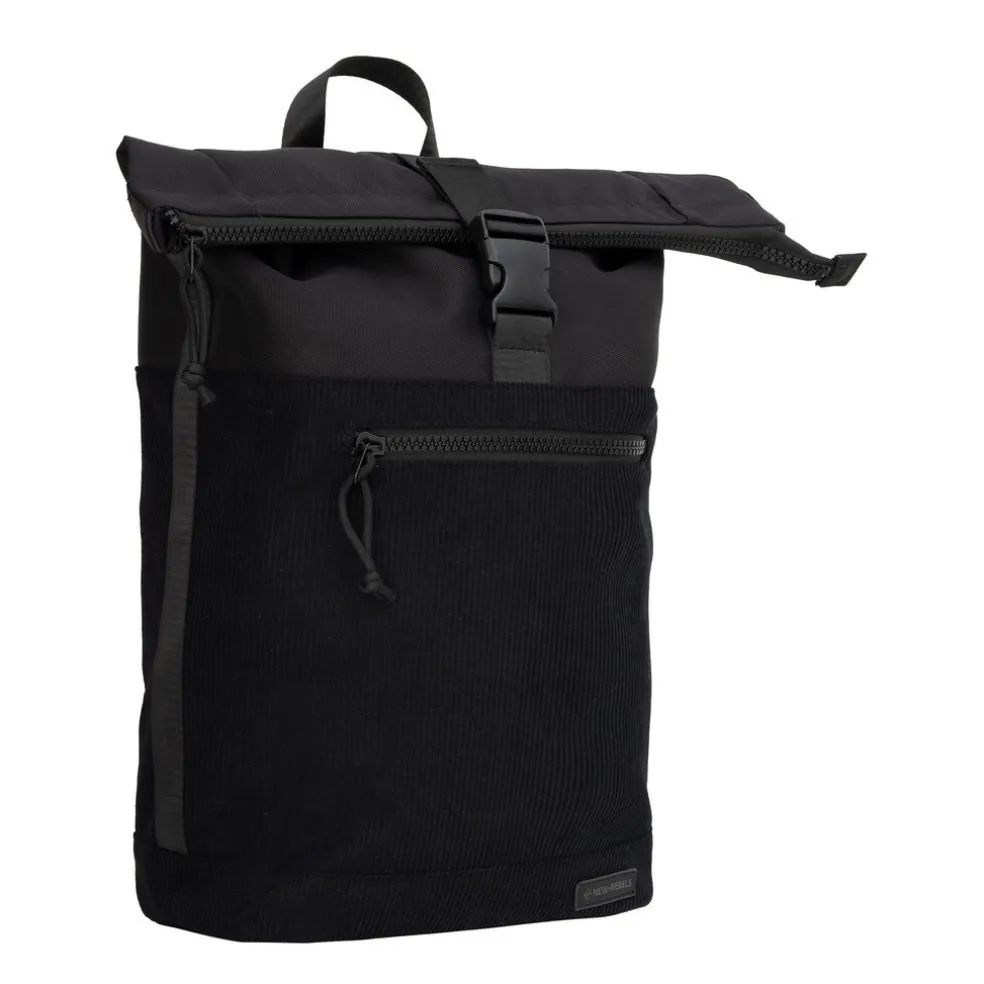 New Rebels New York Ribbi Rolltop Rugzak 17-21L Schooltas & Werktas Ribstof Laptop Rugtas 15.6 inch Zwart