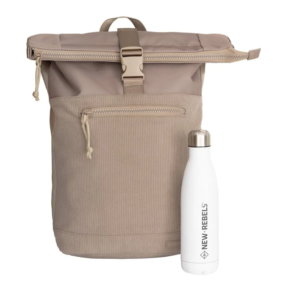 New Rebels New York Ribbi Rolltop Rugzak 17-21L Schooltas & Werktas Ribstof Laptop Rugtas 15.6 inch Taupe