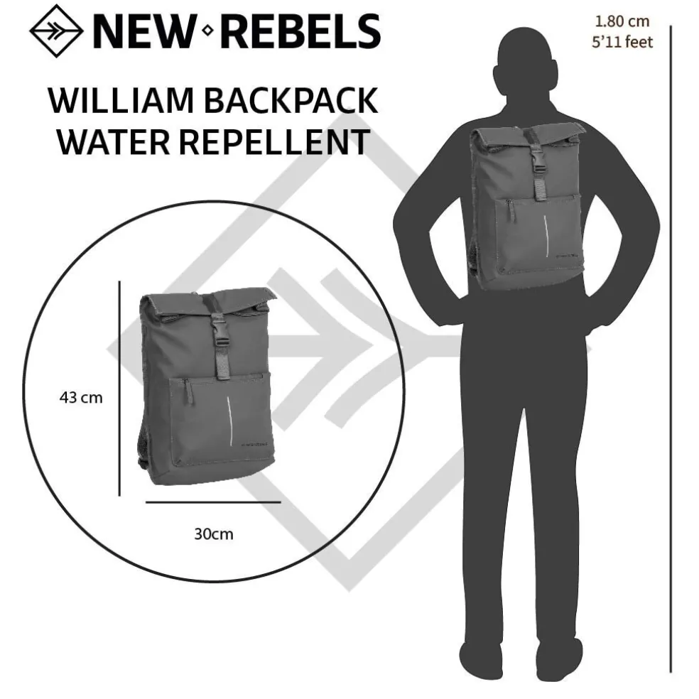 New Rebels William Baltimore Antraciet 13L Rolltop Rugzak Waterafstotend Laptop 14"