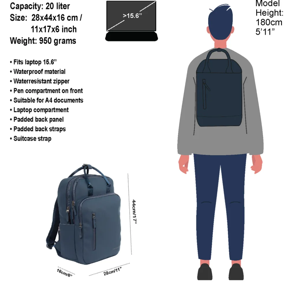 New Rebels William Milwaukee Navy 18L Rugzak Waterafstotend Laptop 15.6"