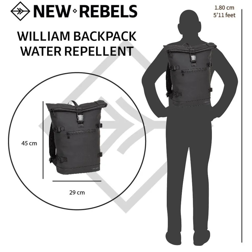 New Rebels William Riverside Zwart 19L Rugzak Waterafstotend Laptop 15.6"